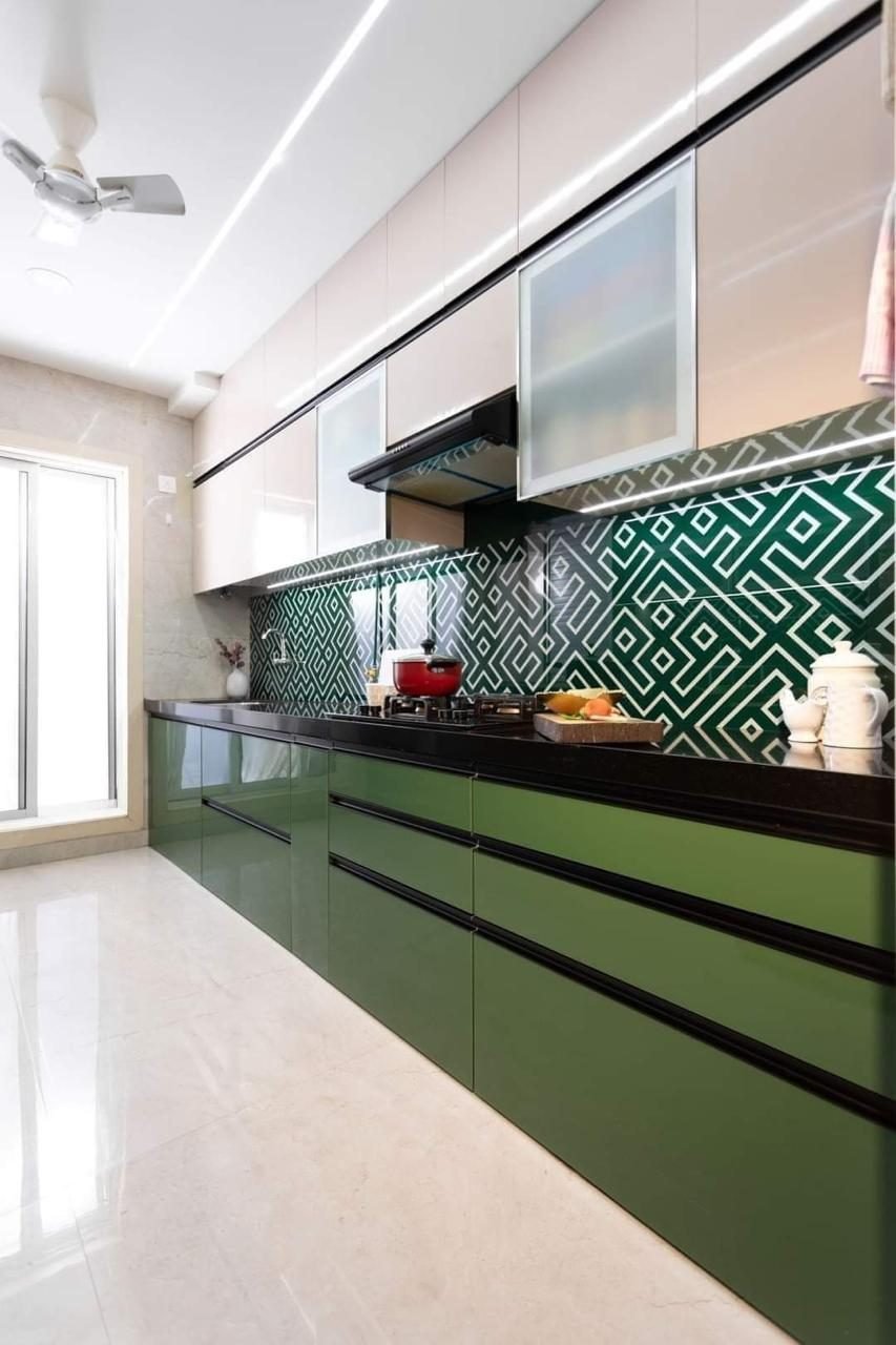 Modular kitchen with green glossy cabinets, AtoZ Doors and Windows Vadodara